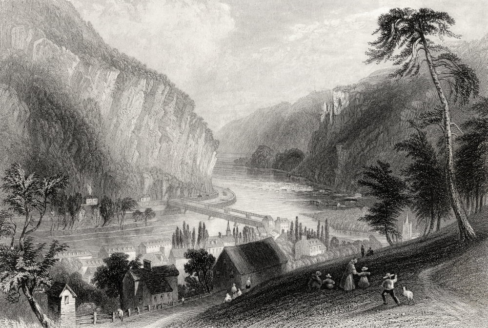 Harpers Ferry From The Potomac Side Engraved By W Radclyffe After W H Bartlett Canvas Art - Ken Welsh Design Pics (34 x 22)