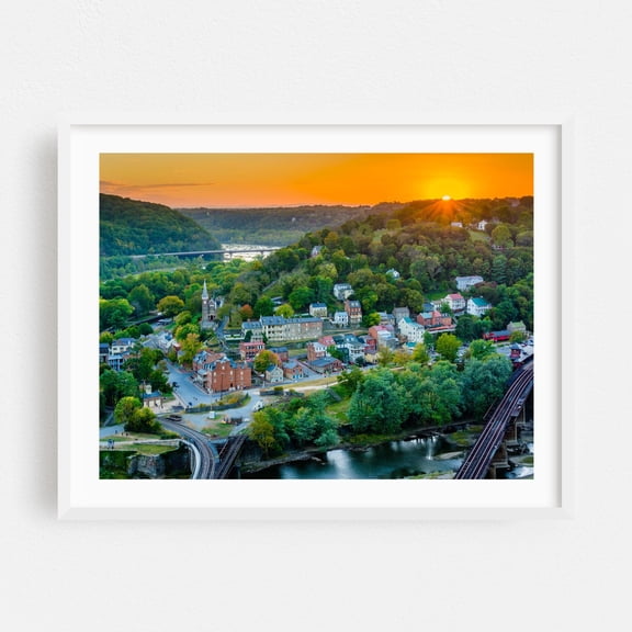 Harpers Ferry Rise - Harpers Ferry West Virginia Photography Landscape Rural Scenic Architecture Sunset Travel Poster Bridge White Framed Wall Art Print 5 x 7 inches