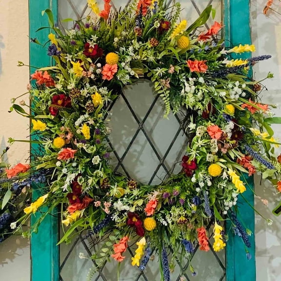 Harpi 16 Inch Spring Wreaths for Front Door Clearance, Greenery Summer Wreath, Wildflower Wreath Home Decor Flower Wreath Front Door Simulation Dried Flower Wreath Green Plant Eternal Flower
