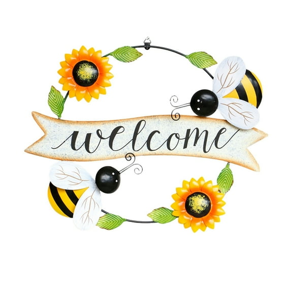 Harpi 16 Inch Spring Wreaths for Front Door Clearance, Greenery Summer Wreath, Retro Welcome Iron Wall Decoration Bee Sunflower Beetle Wreath Decor
