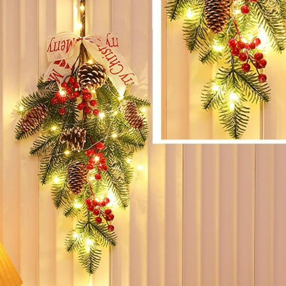 Harpi Christmas Wreaths for Front Door, Winter Decor Christmas Swag Artificial Teardrop Swag Wreaths With Red Berry Christmas Ball Artificial Christmas Branch Teardrop Door Swag Decoration for Xmas