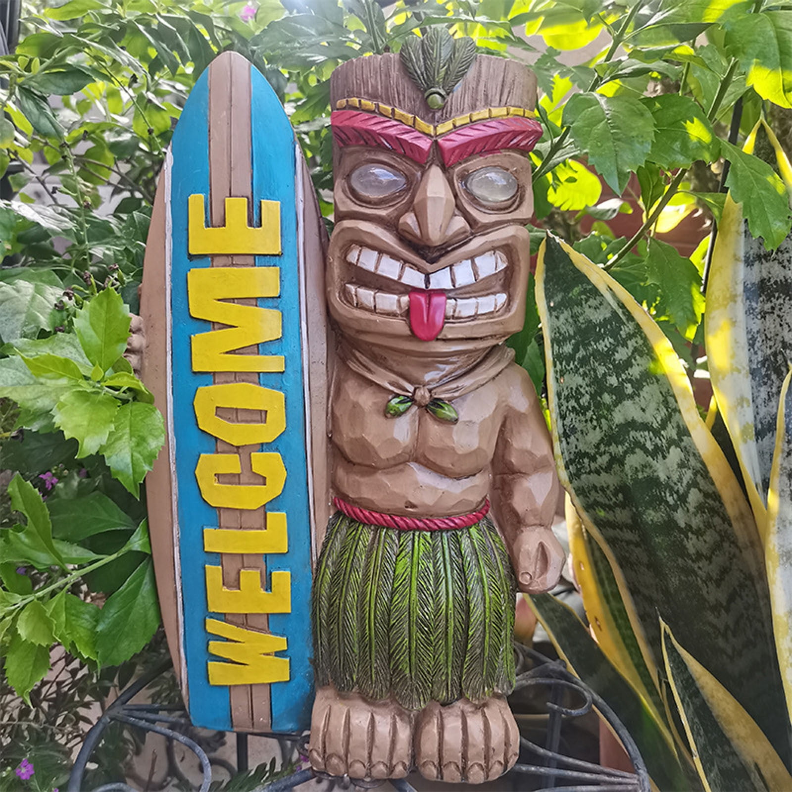 Harpi Solar Garden Lights Ukulele Tiki Statue with Surfboard