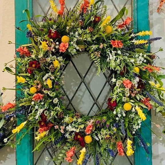 Harpi Spring Wreaths for Front Door Clearance, Greenery Summer Wreath, Flower Wreath Spring and Summer Flower Wreath Front Door Simulation Dried Flower Wreath Buttercup Green Plant Eternal Flower