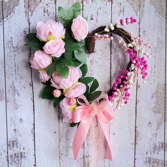 Harpi Spring Wreaths for Front Door Summer Clearance Flower Wreath Rose Heart-Shaped Garland Love Romantic Bow Wreath for Home Decoration Wedding Valentine's Day