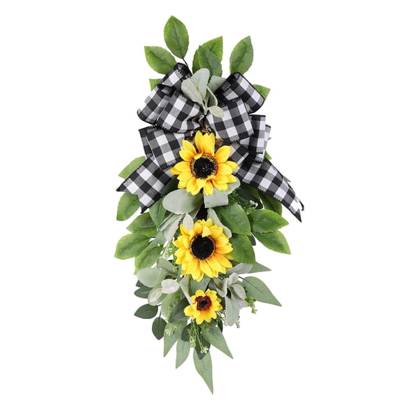 Harpi Spring Wreaths for Front Door Summer Clearance Sunflower Swag Large Spring Summer Door Swag Wreath, Sunflower Buffalo Check Decor, Welcome Wreath for Porch Farmhouse