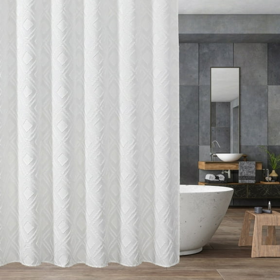 Harpi White Shower Curtain, Woven Fabric Shower Curtain Liner, Modern Farmhouse Shower Curtain Bohemian Chic Tufted Chevron Textured Striped Minimalist Shower Curtain