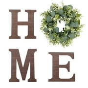 Harpi Wooden Home Sign with Artificial Eucalyptus Wreath, 9.4" Rustic Wood Home Letters H, M, E, with Wreath O for Wall Hanging Decor, Housewarming Gifts for Wall Art Living Room Kitchen