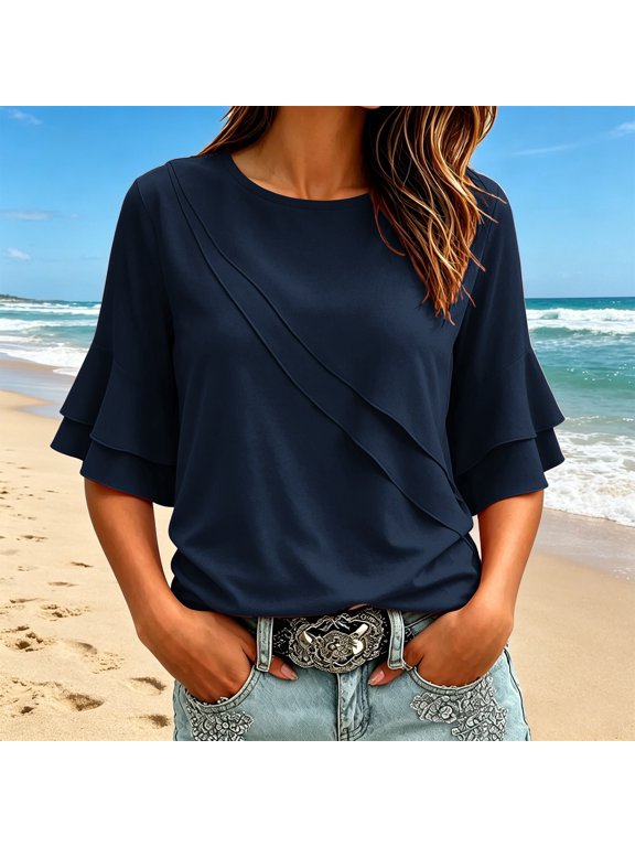 1/2 Length Flare Sleeve Oversized Summer Tops for Women Lightweight Airy Chiffon Round Neck Casual Outdoor Fitting