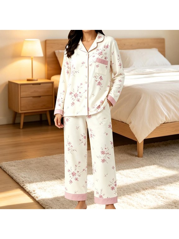 2 Piece Women's Pajama Sets Long Sleeve Top and Pant Floral Print Button Down Nightwear with Chest Pocket Lounge Sets for Women Home Casual Suits