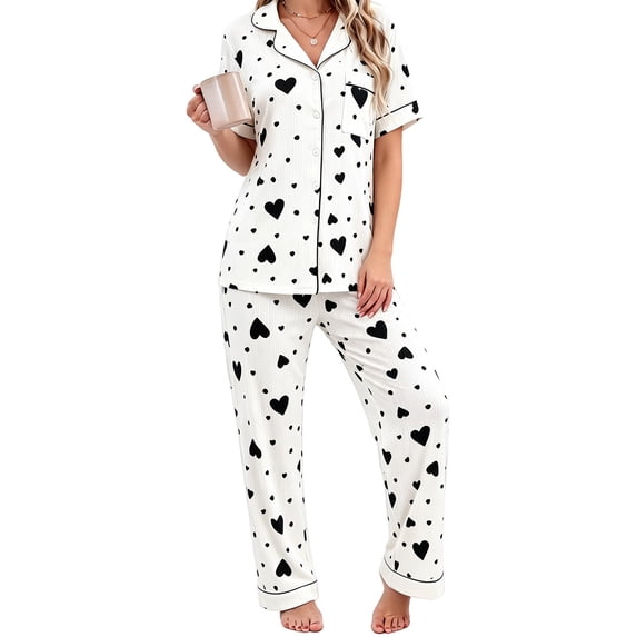 Harpily 2 Piece Womens Pajama Set Button Front Heart Print Short Sleeve Top Sleepwear Night Wear Outfits L