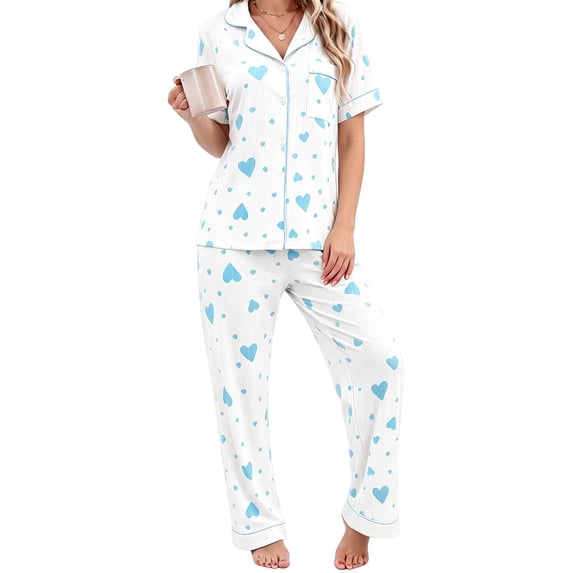 Harpily 2 Piece Womens Pajama Set Button Front Heart Print Short Sleeve Top Sleepwear Night Wear Outfits M