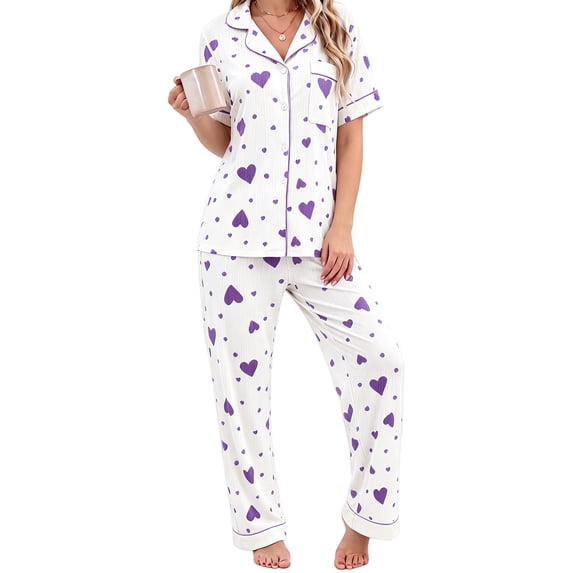 Harpily 2 Piece Womens Pajama Set Button Front Heart Print Short Sleeve Top Sleepwear Night Wear Outfits XL