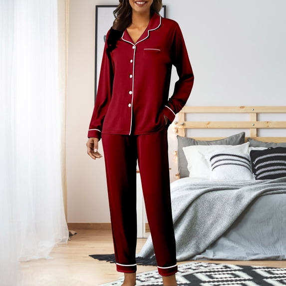 Harpily 2 Piece Womens Pajama Sets Notch Collar Long Sleeve Button Down Top and Pant Winter Warm Lounge Sets for Women Daily Indoor Casual Outfits