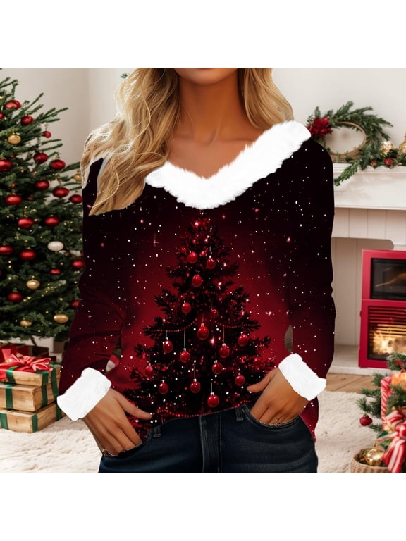 3/4 Long Sleeve Shirts for Women Christmas Print V Neck Blouse Plush Collar Cuffs Tops for Festival Party Wear