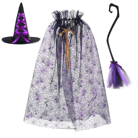 Harpily 3 In 1 Halloween Cosplay Sets with Hollow Mesh Pattern Cloak Plus Hat And Magic Wand For Halloween Party Role Play