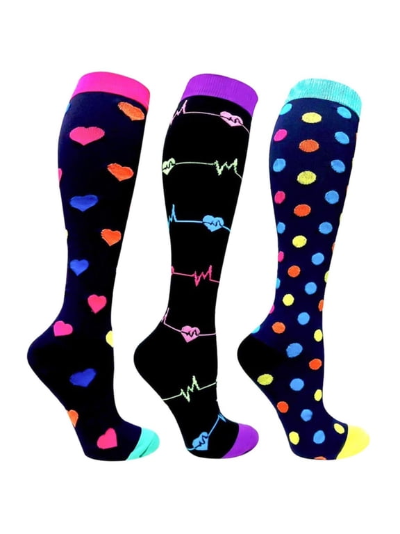 3 Pack Compression Socks Unisex Colorful Patterned Graduated Quick Dry Breathable Leg Support Stockings for Running Cycling Travel