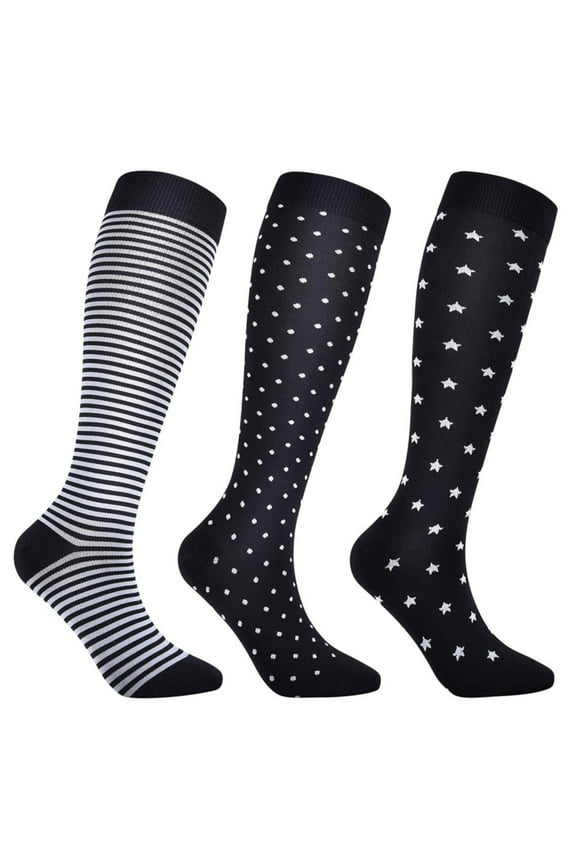 3 Pack Compression Socks Unisex Colorful Patterned Graduated Quick Dry Breathable Leg Support Stockings for Running Cycling Travel