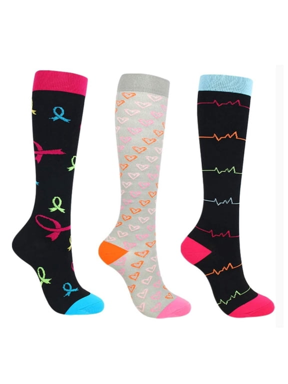 3 Pack Compression Socks Unisex Colorful Patterned Graduated Quick Dry Breathable Leg Support Stockings for Running Cycling Travel
