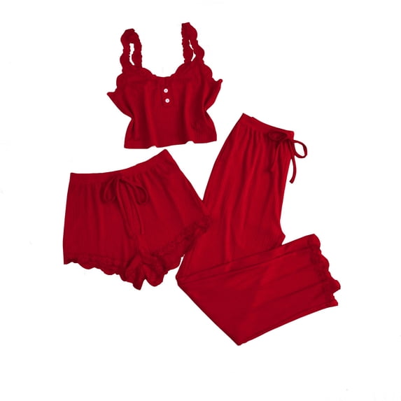 Harpily 3 Piece Womens Pajama Set Lace Trim Top with Spaghetti Strap Shorts and Long Pants Sleepwear Loungewear Suit XL