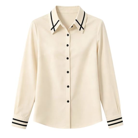 Harpily Long Sleeve Shirts for Women Basic Striped Trim Print Elastic Cuff Full Button Down Outfitss for Daily Leisure Vacation Casual Wear