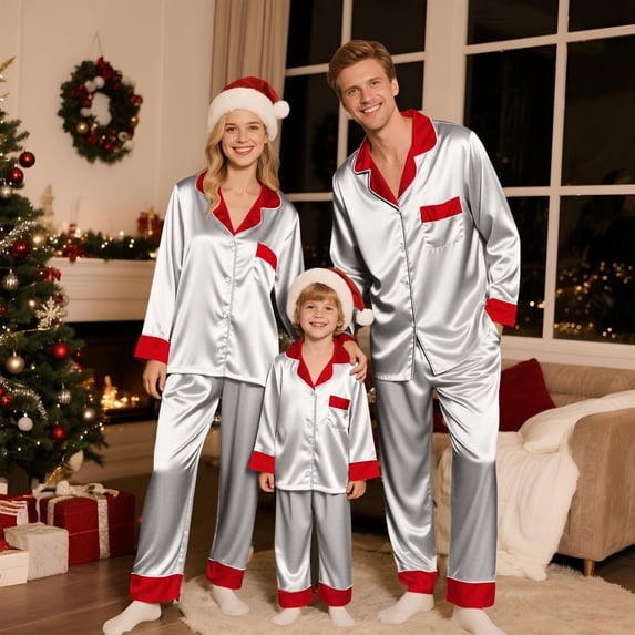 Harpily Christmas Family Pajamas Matching Sets Satin Polyester Sleepwear Long Sleeve Button Down Shirts Holiday Indoor Blouse