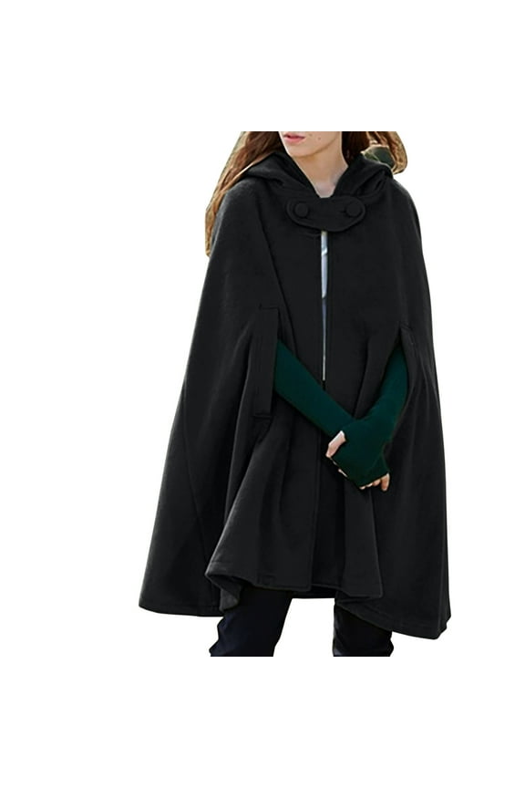 Clothing Prime Women's Winter Coats Hooded Medium Women Cape Winter Vintage Overcoat Fashion Button Cloak Woolen Coat