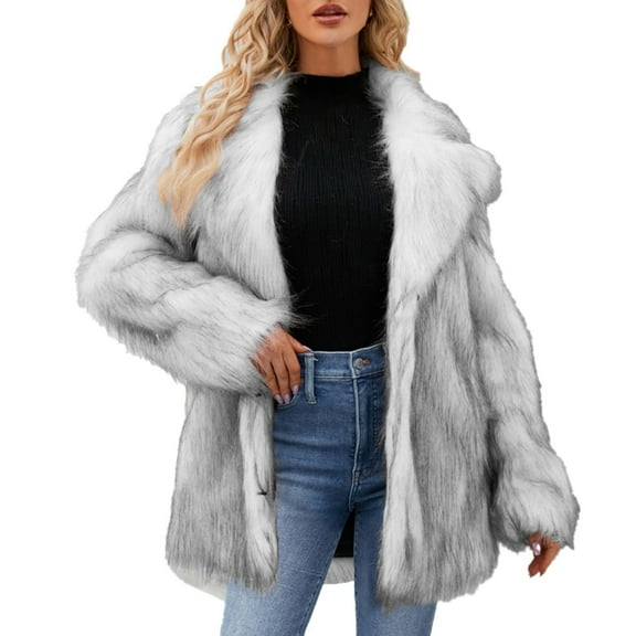 Harpily Clothing Print Faux Pelt Coat For Women Mid Length Hooded Cardigan Open Front Outerwear Winter Warm Coats
