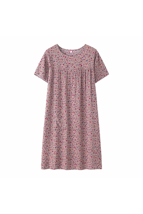 Women's NightgownsSummer Cotton Silk Short Sleeved Sleep Dress For Middle Women New Loose Fitting Wear Elderly Sleepwear Plus Size Dress Pink One Size