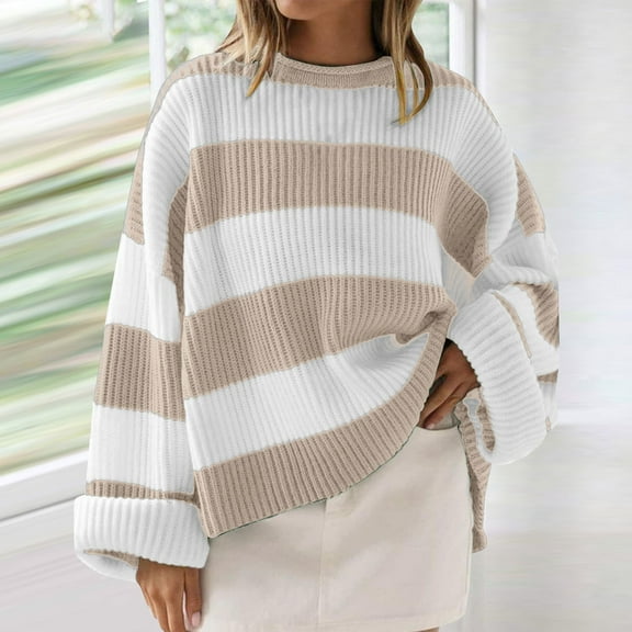 Harpily Clearance Women's Sweaters Women's Crew Neck Long Sleeved Striped Sweater With Flared Sleeves