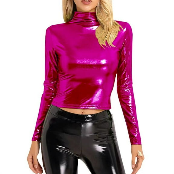 Harpily Women's Sweaters Women's Metallic Liquid Mock Neck Turtleneck Crop Top Long Sleeve/Sleeveless Tank Top T Shirt