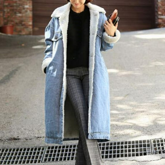 Harpily Coats Winter Womens Jean Coat Thicken Warm Fleece Long Denim Coat Punk Outwear Long Sleeve Button Coat With Pockets Blue Blue M