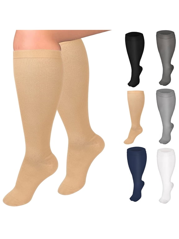 Compression Socks Wide Calf High Stretch Pressure Support Stockings Solid Tone Breathable Elastic Fabric for All Season Multi Scene