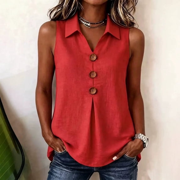 Harpily Cotton Linen Tank Tops for Women Sleeveless Half Button with Three Wooden Buttons Front Summer Casual Blouse Shirts