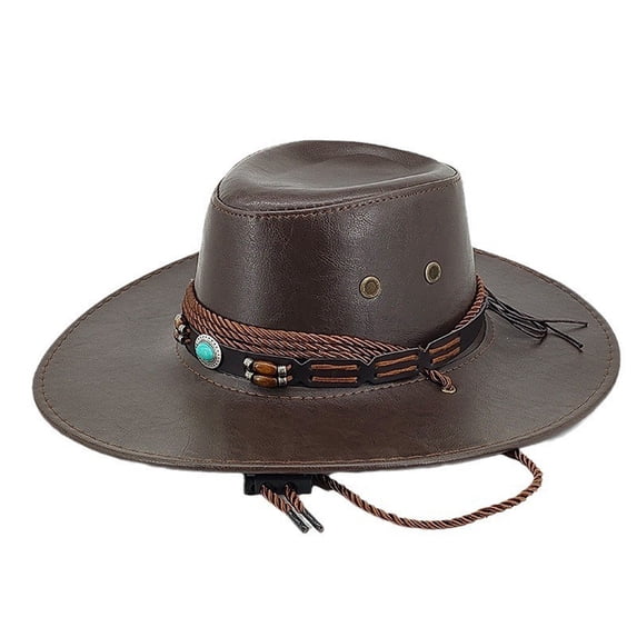 Harpily Cowboy Hat for Men Unisex Faux Leather with Wooden Bead Decor Water Resistant for Daily Wear Festival and Themed Party