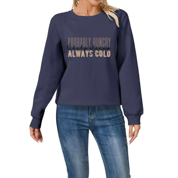 Harpily Clearance Women's SweatersWomen's Probably Hungry Likely Deepy Cold Printed Hoodless Hoodie Navy XL