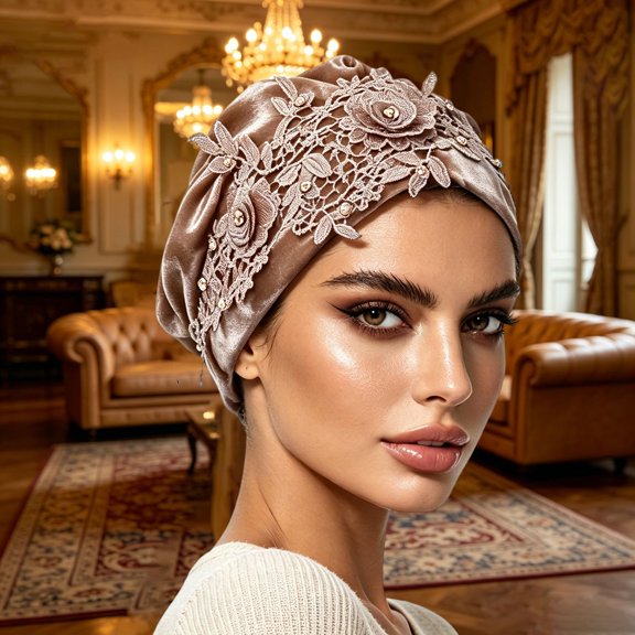 Harpily Double Layer Headbands for Women Rhinestone Lace Trim Adjustable Wrap Design Hair Protection Sleeping Cap