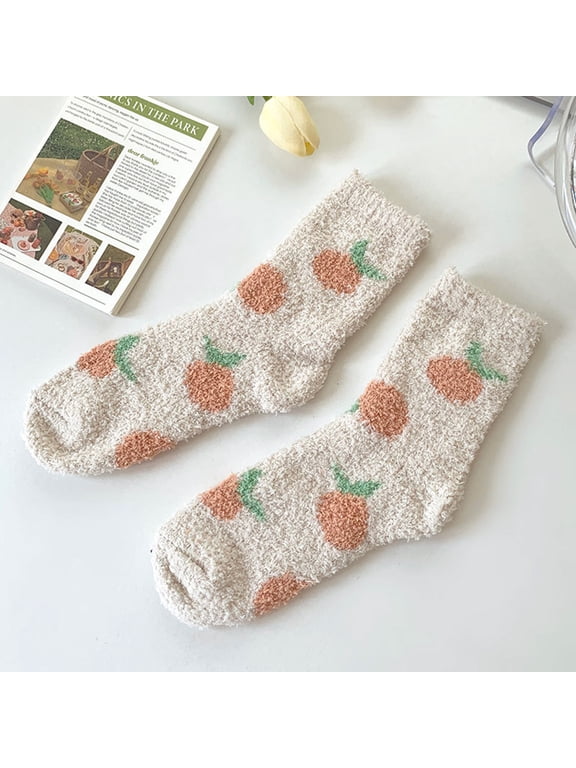 Fuzzy Socks for Women Fruit Floral Print Coral Fleece Socks Soft Warm Casual Mid Calf Stockings for Winter Wear