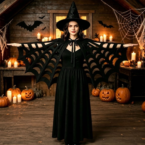 Harpily Halloween Poncho Costume for Women Spider Web Cut‑Out Wing‑Shaped Soft Capes for Festival Themed Party Outfits
