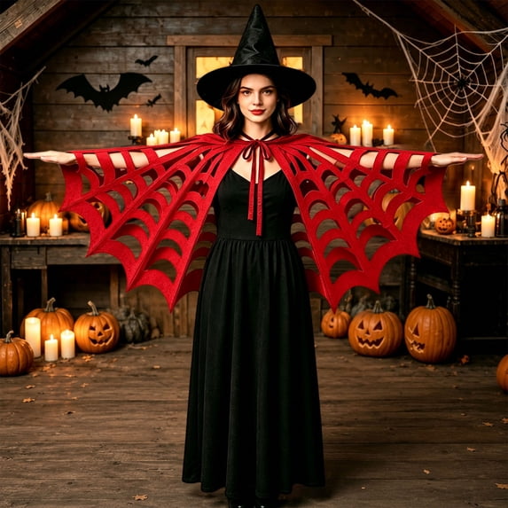 Harpily Halloween Poncho Costume for Women Spider Web Cut‑Out Wing‑Shaped Soft Capes for Festival Themed Party Outfits