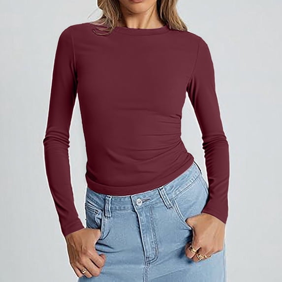 Harpily Long Sleeve Shirts for Women Boat Neck Layering Casual Basic Solid Color Cropped Blouses for Women Daily Leisure Vacation Outfits