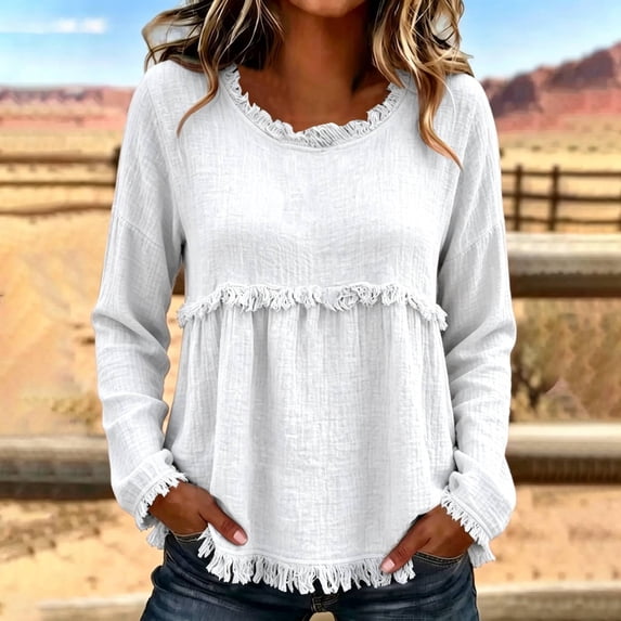 Harpily Long Sleeve Shirts for Women Crew Neck Loose Fit Tops with Tassel Fringe Womens Blouses for Daily Leisure Vacation Outfits
