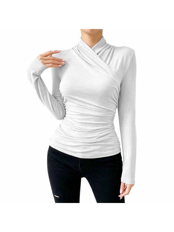Long Sleeve Shirts for Women Crisscross Wrap Mock Neck Ruched Side Fitted Womens Blouses Dressy Casual Going Outdoor Walk Outfits
