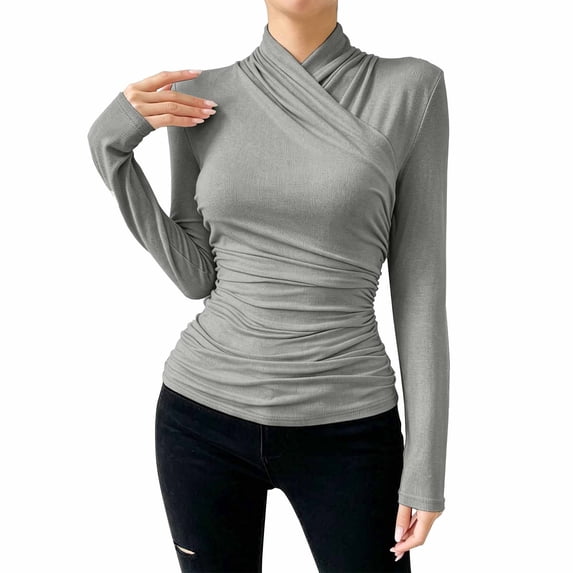 Harpily Long Sleeve Shirts for Women Crisscross Wrap Mock Neck Ruched Side Fitted Womens Blouses Dressy Casual Going Outdoor Walk Outfits