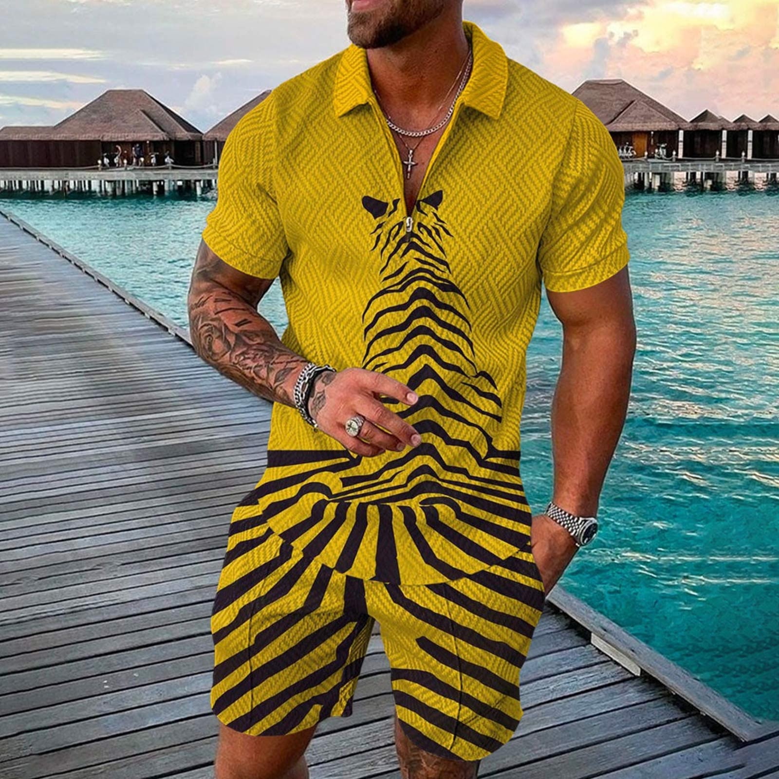 Harpily Men Suits 3D Short Sleeve Suit Shorts Beach Tropical HawaiianSS ...