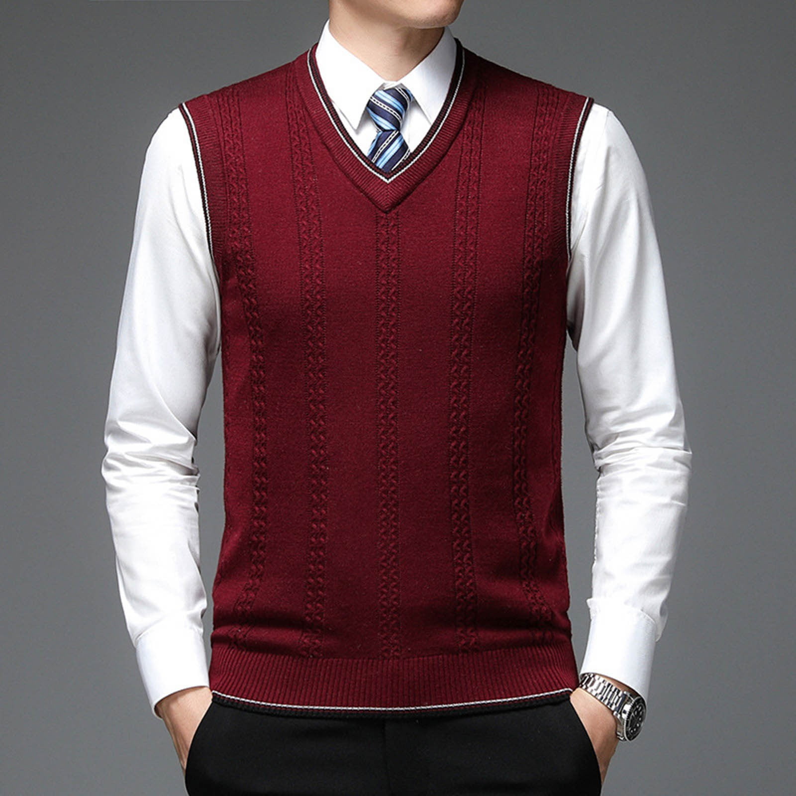 Harpily Men Sweater Vest Fashion Casual Jacquard V Neck Jacquard ...