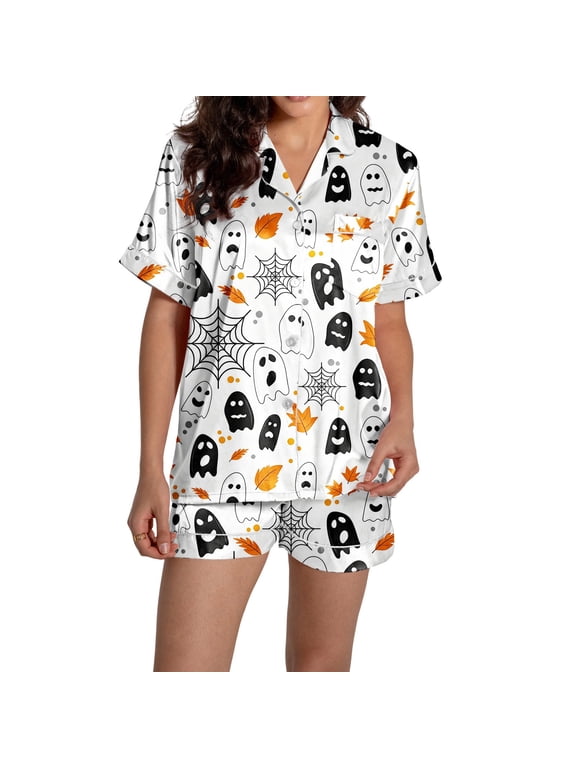 Nightgown Sleepwears for Women Two-Piece Short Sleeve Tops and Short Pants Halloween Theme Printed Decoration Button Down Loungewear for Indoor Relax Yoga XXXL White