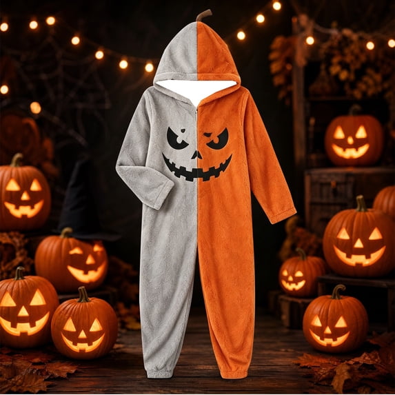 Harpily One Piece Pajamas for Women Zip Up Hooded Jumpsuit Long Sleeve Two‑tone Split‑color Design Adult Onesie Pajamas for Halloween Themed Party Sleepwear