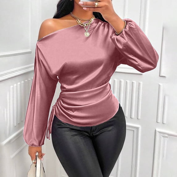 Harpily Shirts for Women Lantern Long Sleeve One Shoulder Side Drawstring Ruched Blouses for Women Fitted Evening Club Night Out Outfits