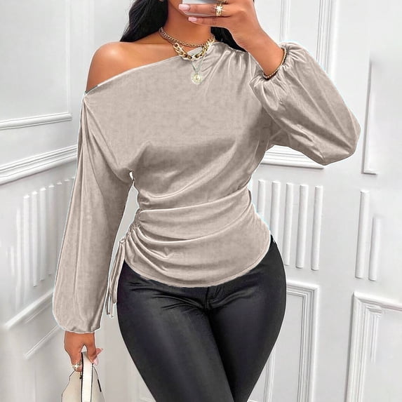 Harpily Shirts for Women Lantern Long Sleeve One Shoulder Side Drawstring Ruched Blouses for Women Fitted Evening Club Night Out Outfits