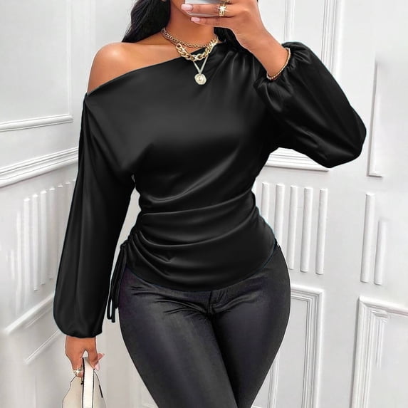 Harpily Shirts for Women Lantern Long Sleeve One Shoulder Side Drawstring Ruched Blouses for Women Fitted Evening Club Night Out Outfits